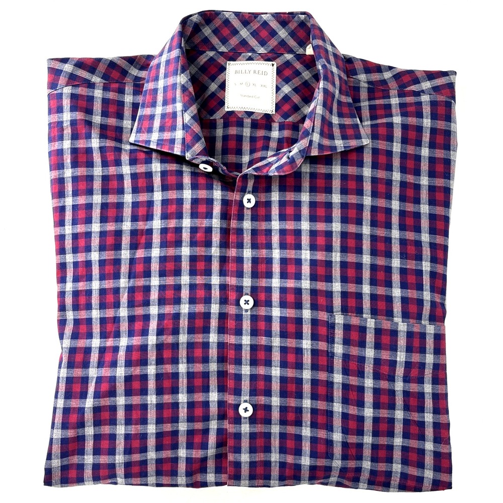 Billy Reid Shirt Men Large Red Blue Plaid Button Down Standard Fit Cotton Casual